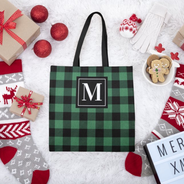 Bolso De Tela Green and Black Buffalo Plaid Custom Monogram (Subido por el creador)