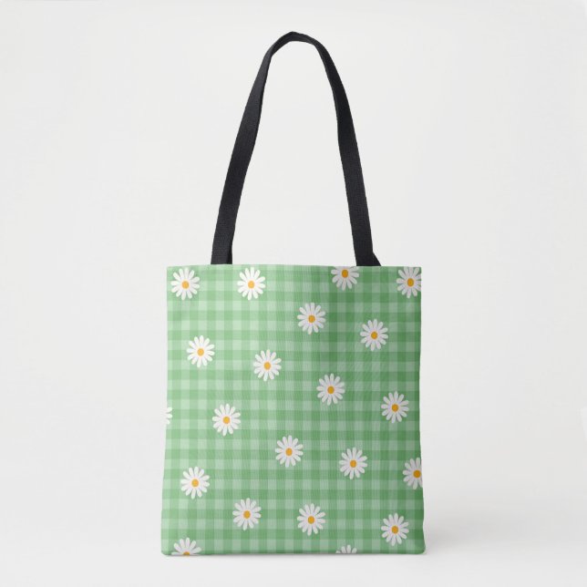 Bolso De Tela Green Daisy Plaid Gingham Check Flower Pattern (Anverso)