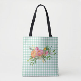 Bolso De Tela Green Gingham con Peony Flowers Tote Bag