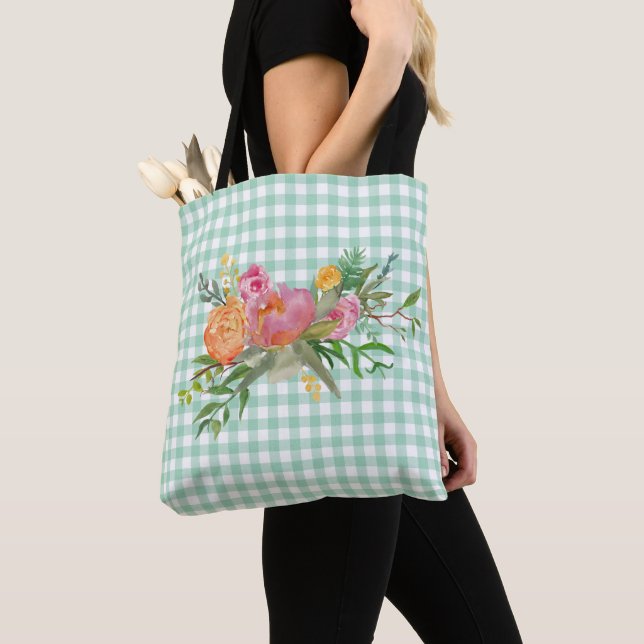 Bolso De Tela Green Gingham con Peony Flowers Tote Bag (Detalle)