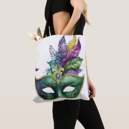 BOLSO DE TELA GREEN MARDI GRAS MASK PURPLE PURPLE FEATHERS