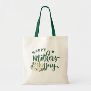 Bolso De Tela Green White Floral Happy Mother's Day