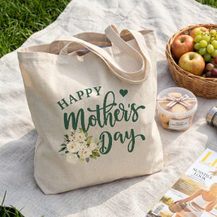 Bolso De Tela Green White Floral Happy Mother's Day