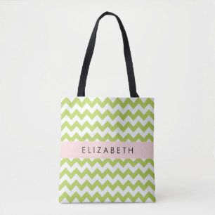 Bolso De Tela Green Zigzag, Green Chevron, Tu Nombre