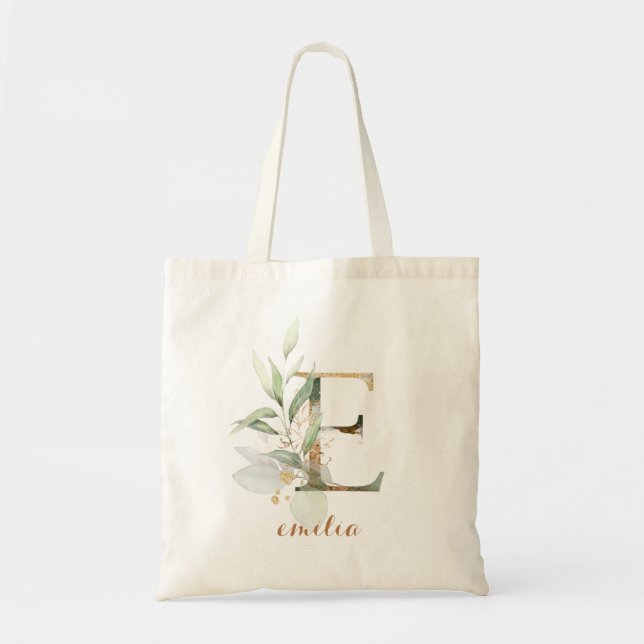 Bolso De Tela Greenery Gold Leaf Foliage Personalized Letter "E" (Frente)
