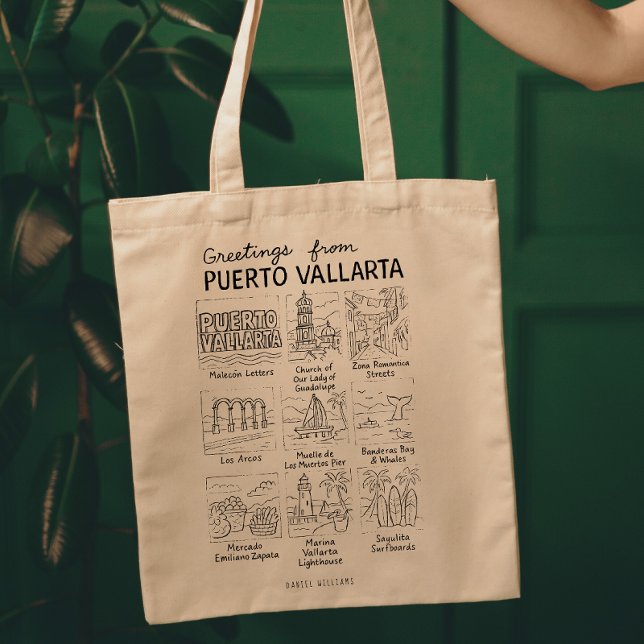 Bolso De Tela Greetings from Puerto Vallarta | Hand-Drawn Sketch (Subido por el creador)