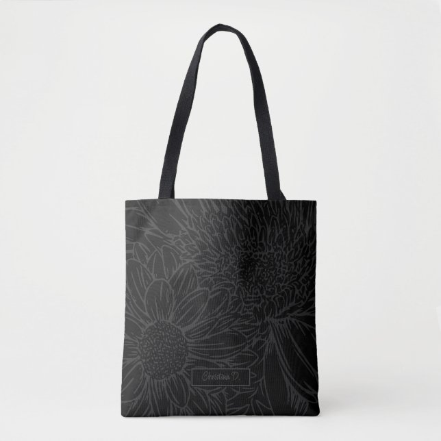 Bolso De Tela Grey on Black with Name and Chrysanthemums (Anverso)