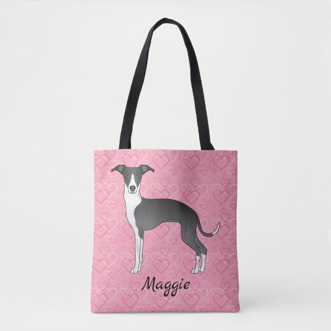 Bolso De Tela Greyhound Italiano Blanco Y Negro Sobre Corazones  (Anverso)