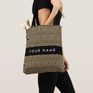 Bolso De Tela Griego Meander Key Brown, Tu Nombre, Personalizar