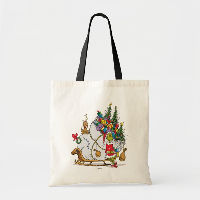 Bolso De Tela Grinch clásico | Grinch & Max con Sleigh (Frente)