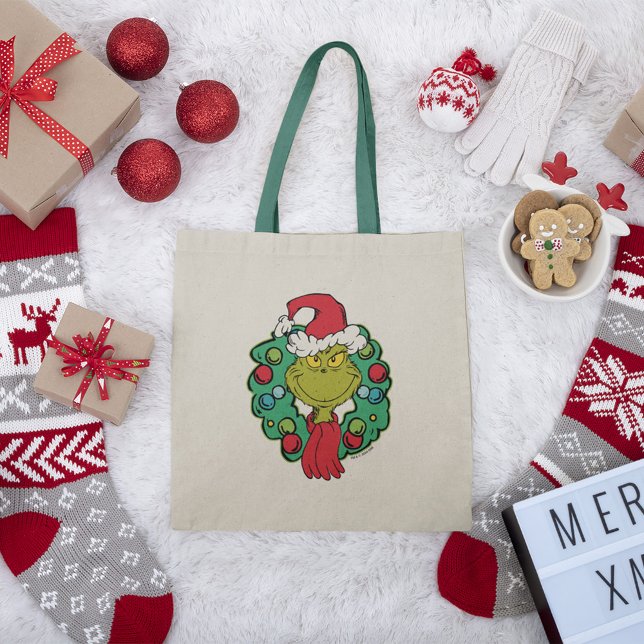 Bolso De Tela Grinch | Corona de Navidad (Tote bag on holiday background)