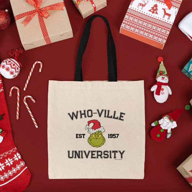 Bolso De Tela Grinch | Universidad de Who-ville Est 1957 (Tote bag on table)