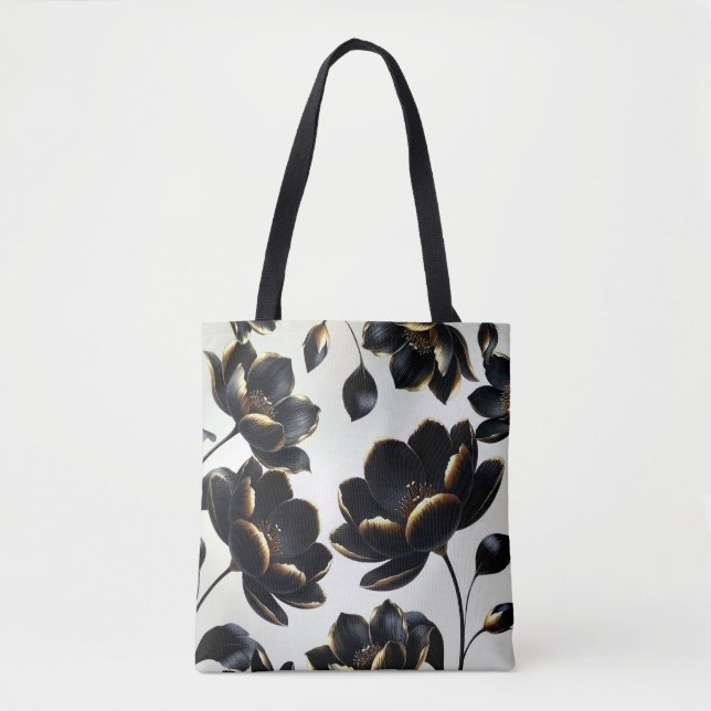 Bolso De Tela Gris floral negro y dorado elegante Moody oscuro (Anverso)
