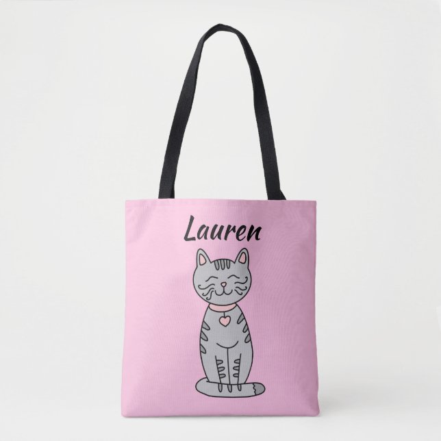 Bolso De Tela Gris Kitty Cat personalizado (Anverso)