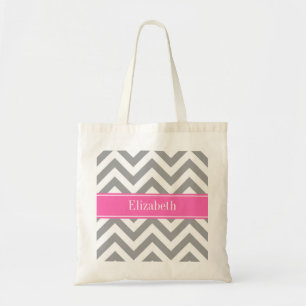 Bolso De Tela Gris Oscuro Chevron Pink caliente #2 Nombre Monogr