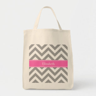 Bolso De Tela Gris Oscuro Chevron Pink caliente #2 Nombre Monogr