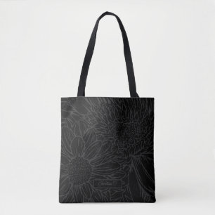 Bolso De Tela Gris sobre negro con nombre y crisantemos