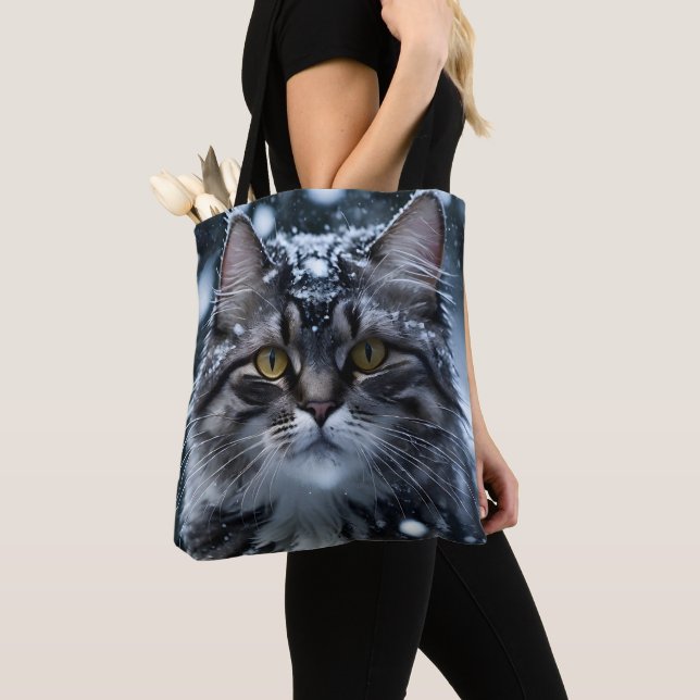 Bolso De Tela Gris Tabby Cat en Nieve (Detalle)