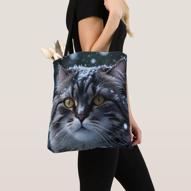 Bolso De Tela Gris Tabby Cat en tormenta de nieve (Detalle)