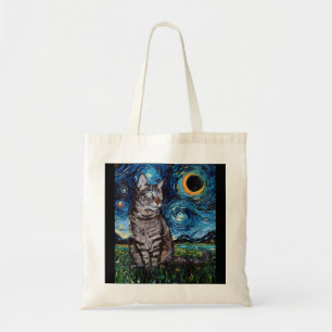 Bolso De Tela Gris Tabby Tigre, gato, luna nocturna estrellada y