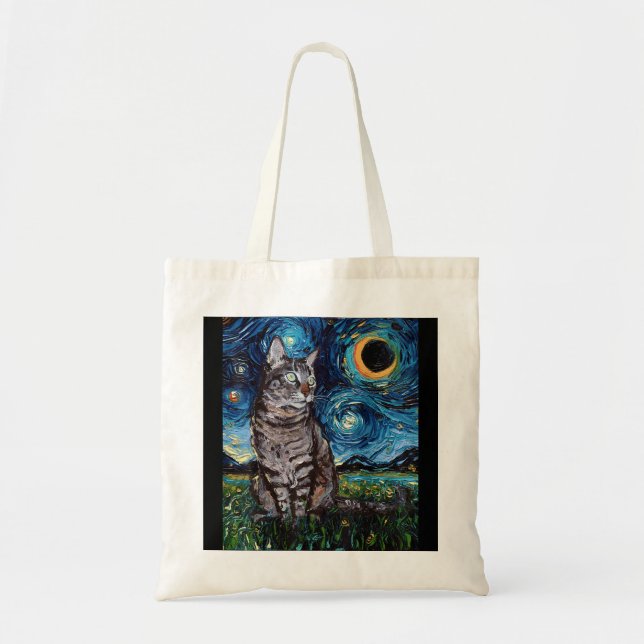 Bolso De Tela Gris Tabby Tigre, gato, luna nocturna estrellada y (Frente)