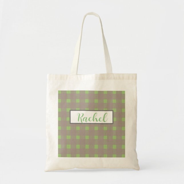 Bolso De Tela Gris verde Gingham personalizado (Frente)