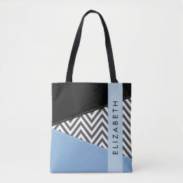 Bolso De Tela Gris Zigzag, Gris Chevron, Azul, Tu Nombre