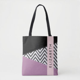 Bolso De Tela Gris Zigzag, Gris Chevron, Púrpura, Tu Nombre