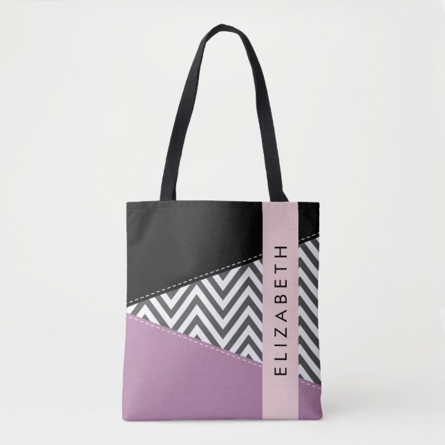 Bolso De Tela Gris Zigzag, Gris Chevron, Púrpura, Tu Nombre (Anverso)