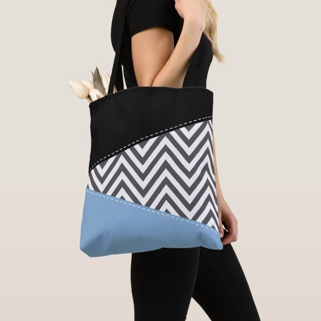 Bolso De Tela Gris Zigzag, Gris Chevron, Zigzag Pattern, Azul (Detalle)