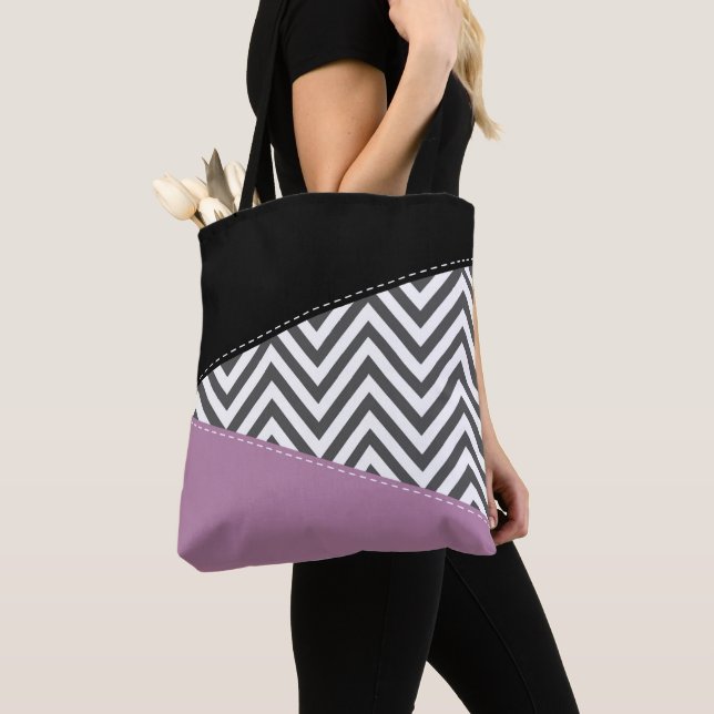 Bolso De Tela Gris Zigzag, Gris Chevron, Zigzag Pattern, Púrpura (Detalle)