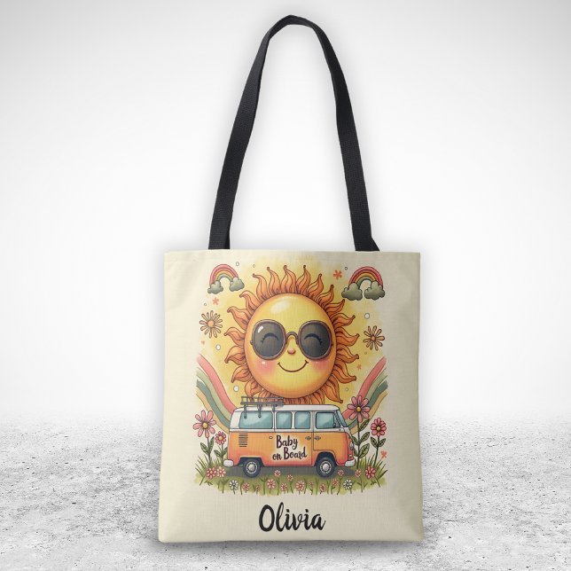 Bolso De Tela Groovy 70s Retro Sonriente Sun, Peace & Love Vibes (Subido por el creador)