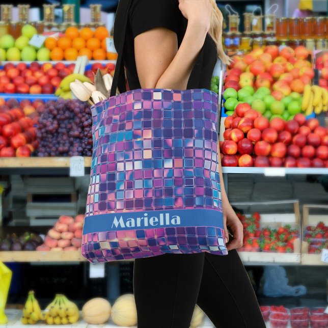 Bolso De Tela Groovy Blue & Purple Disco Ball Personalizado (Groovy blue and purple Disco ball Personalized tote bag)