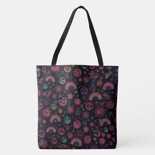 Bolso De Tela Groovy Psychedelic Tote Bag | 70s Rainbow & Smiley (Anverso)