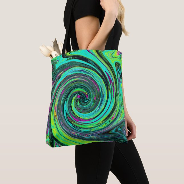 Bolso De Tela Groovy Resumen Retro Green y Magenta Swirl (Detalle)
