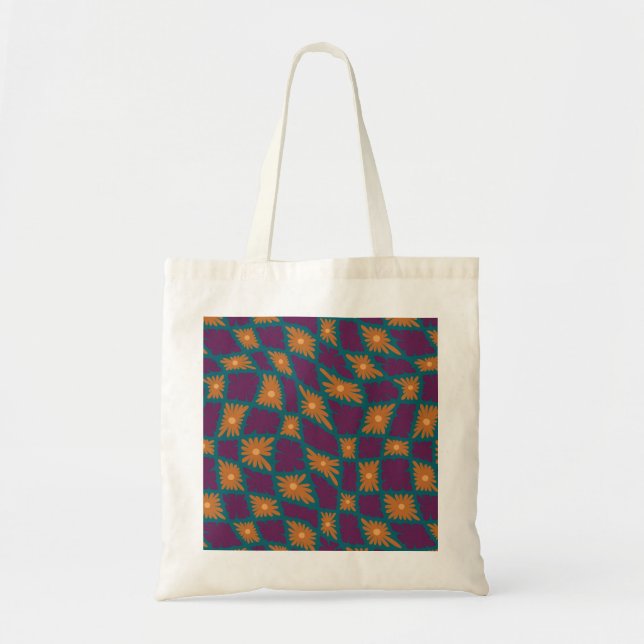 Bolso De Tela Groovy Wavy Trippy Naranja Cheques de flores de 60 (Frente)
