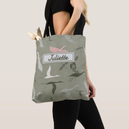 Bolso De Tela Grúas voladoras de nombre personalizado en verde s