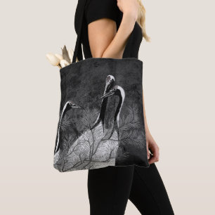 Bolso De Tela Grullas japonesas modernas en blanco y negro