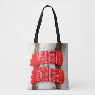 Bolso De Tela Guantes de punto rojos en la nieve
