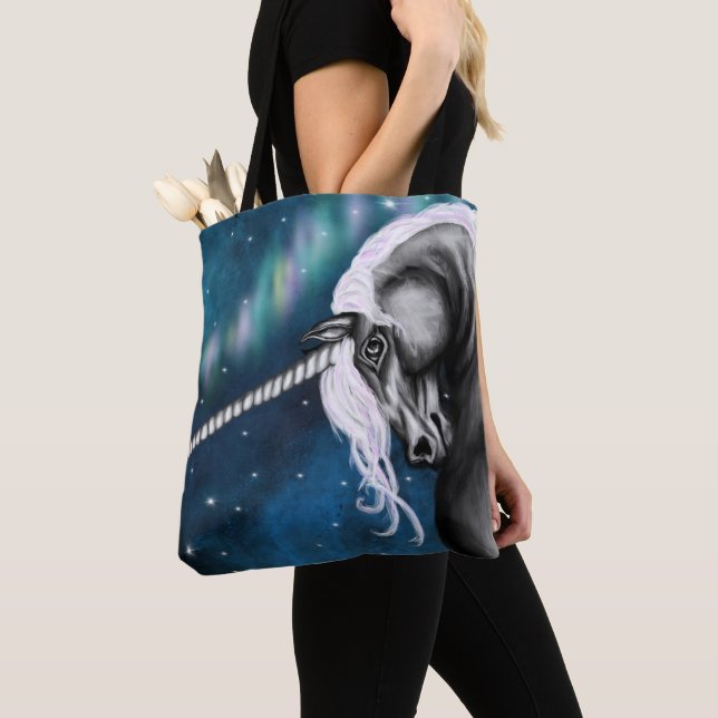 Bolso De Tela Guardián celeste: Unicornio gris con danza Aurora (Detalle)