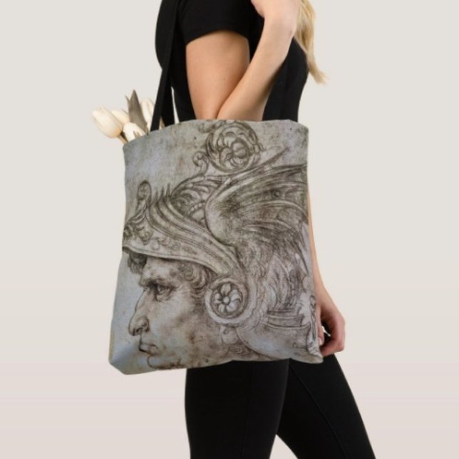 Bolso De Tela Guerrero con casco de Leonardo (Da Vinci’s Ancient Warrior Sketch Travel Tote Bag, laminated lining extra support. Made in the USA. )