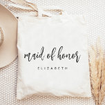 Bolso De Tela Guión de escritura manual de honor personalizado<br><div class="desc">Esta sencilla y elegante bolsa de té incluye las palabras "criada de honor" en escritura a mano gris carbón. Personalízalo con su nombre en letra sans serif. ¡Hace un regalo perfecto para la dama de honor!</div>