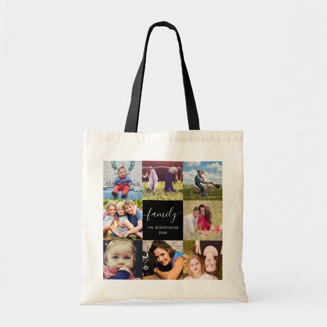 Bolso De Tela Guión de familia de collage de fotos negro (Frente)