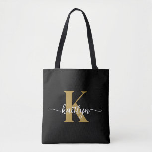 Bolso De Tela Guion de Monograma de Oro Negro