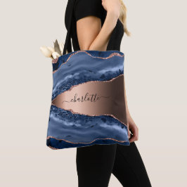 Bolso De Tela Guión de nombre dorado del rosa de mármol azul