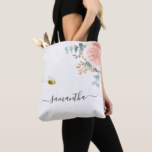 Bolso De Tela Guión de nombre floral de oro rosa bebe