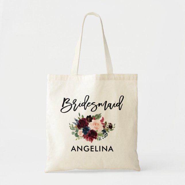 Bolso De Tela Guión de pincel Burgundy Blue Floral Bridesmaid (Frente)