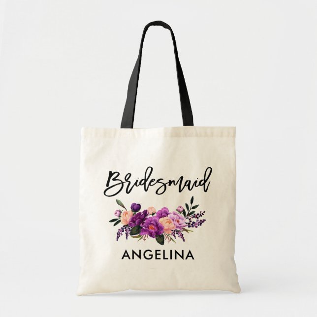 Bolso De Tela Guión de pincel moderno Bridesmaid Floral púrpura (Frente)