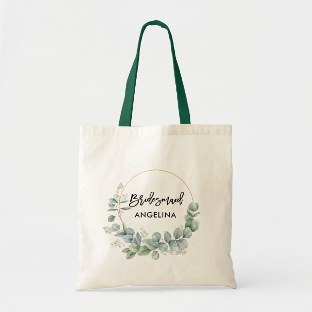 Bolso De Tela Guión de pincel moderno verde botánico Bridesmaid (Frente)