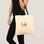 Bolso De Tela Guión manuscrito con el nombre del monograma gris<br><div class="desc">Monograma moderno de estilo Girly Gris y Negro Nombre inicial Firma Script Personalizado Presupuesto de compra personalizado Tote Bag. Este diseño presenta un nombre de pila en una tipografía (o caligrafía) de tipo de letra cruz con letras de bonito, con un monograma inicial en negro y gris sobre blanco crema...</div>